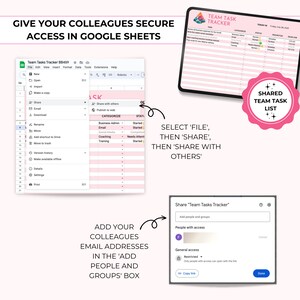 May include: A pink and white Google Sheets spreadsheet with the title "Team Tasks Tracker" and instructions on how to share the spreadsheet with colleagues. The instructions say to select "File", then "Share", then "Share with others". The image also shows how to add colleagues' email addresses in the "Add People and Groups" box.