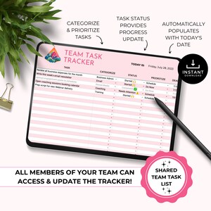 May include: A pink and white digital planner with the title "Team Task Tracker". The planner has columns for task, categorize, status, prioritize, and deadline. The planner is designed to help teams track their progress on tasks and stay organized.