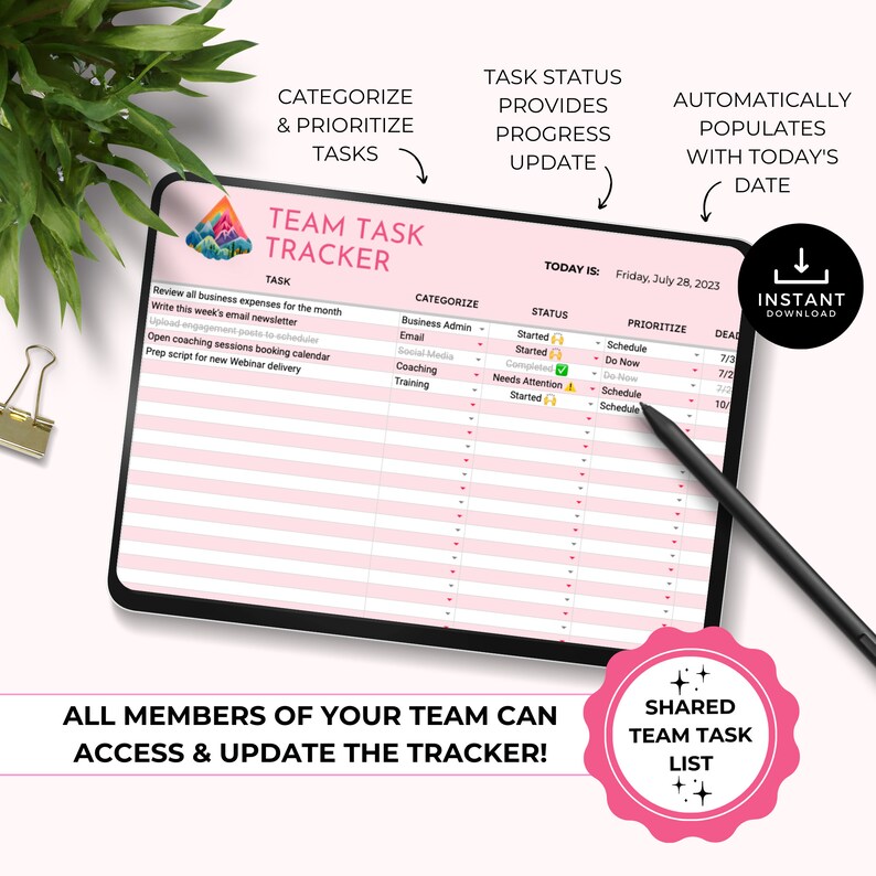 May include: A pink and white digital planner with the title "Team Task Tracker". The planner has columns for task, categorize, status, prioritize, and deadline. The planner is designed to help teams track their progress on tasks and stay organized.