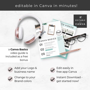 May include: A digital product mockup with a pink and white headset, a pencil, and glasses. The mockup is for a Canva template for creating social media videos. The text on the mockup says "Canva Basics" and "To Videos". The text also says "Editable with Canva".
