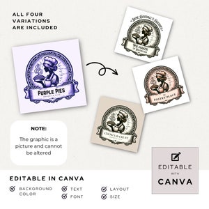 May include: Four variations of a logo design featuring a woman in a chef's hat holding a pie. The logos are in different colour schemes and include the text "Purple Pies Bakery & Cafe", "Jane Goodall's Goodies. Pie-Maker of Distinction", "The Pastry Place", and "Crown & Crust Bakery & Cafe".