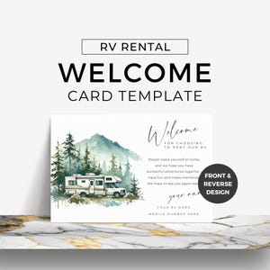 Tarjeta de bienvenida para invitados de RV Tarjeta de mensaje de llegada Autocaravana Editar en plantilla Canva Alquiler de autocaravanas Promociones rústicas Estética de acuarela