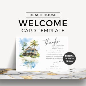 Tarjeta de bienvenida para huéspedes en alquiler de casa en la playa Tarjeta de mensaje de llegada para vacaciones en la costa Editar en plantilla Canva Alquiler de AirBnB Promociones de VRBO Acuarela