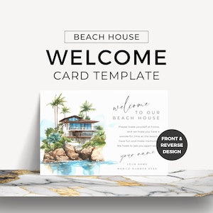 Welcome Beach House Rental Guest Card Coastal Vacation Arrival Message Card Edit in Canva Template AirBnB Rental VRBO Promotions Watercolor