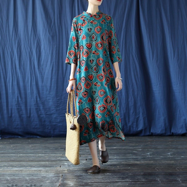 Linen and Cotton Dress, Loose Dress, Summer Spring Fall,  Floral, Long dress, Oversize, Chinese Frog Button