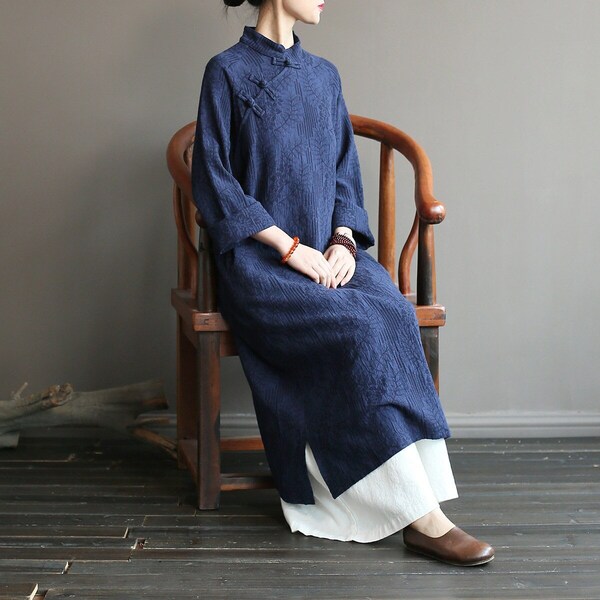 Loose Dress, Linen and Cotton Dress, Figured, Spring Fall, Dark blue, Red,Brown , Long dress, Oversize, Chinese Frog Button