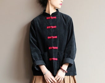 Corduroy Women's Shirt, Chinese style Jacket, Mandarin Collar, China Frog Button, Long sleeves shirt, soft loose blouses, oversized shirt