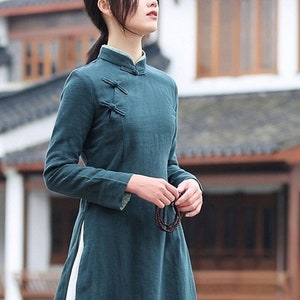 Dark Green Linen Cotton Cheongsam Blouse Chinese Qipao Top Blouse