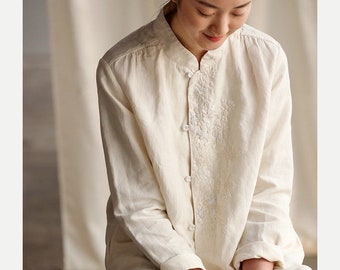 Linnen katoenen blouse met lange mouwen, witte linnen blouse, oversized jas/shirt