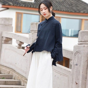 Linen Cotton Black Blouse Chinese Cheongsam Top Long Sleeves Qipao Blouse