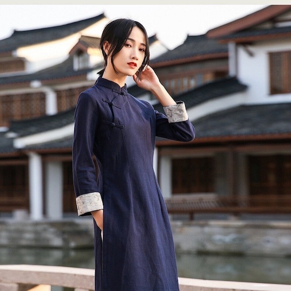 Dark Blue Linen Cotton Cheongsam Blouse Navy Chinese Qipao Top Blouse