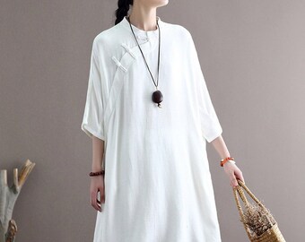 Lang damesshirt, Wit, Linnen Los overhemd, Jurk, Chinese Qipao, zachte losse blouses, oversized