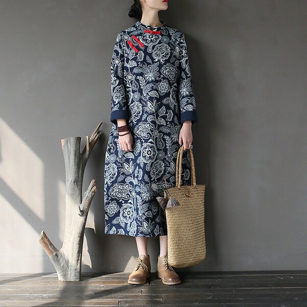 Loose Winter Dress, Linen and Cotton Dress, Blue floral, Chinese Frog Button