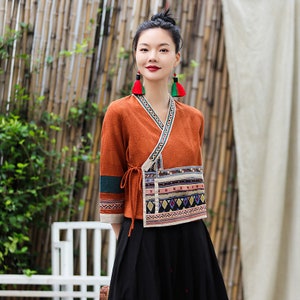 Chinesische Teekleidung für Frauen, Han-Kleidung, bestickte Mäntel, Baumwolle und Leinenhemd