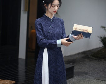 100% Coton Bleu Foncé Cheongsam Top Chinois Qipao Blouse Printemps Automne
