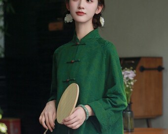 Camicia da donna verde, giacca in cotone stile cinese, colletto alla coreana, bottone a rana cinese, top Cheongsam oversize Qipao