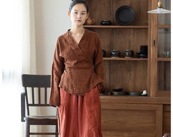 Rust Red Linen Hafu Blouse Blue Linen Shirt Wrap-and-tie Shirt