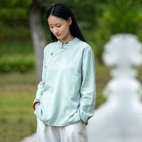 Women's Line Cotton Shirt, Mandarin Collar, China Frog Button, Long Sleeves  Shirt, Soft Loose Blouses, Oversized Shirt 