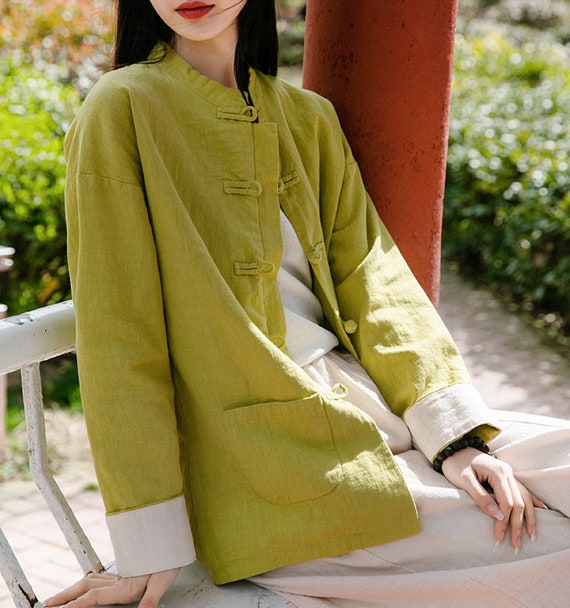 Women's Linen Shirt/ Ramie Jacket, Mandarin Collar, China Frog Button, Long  Sleeves Shirt, Oversized Shirt - Etsy