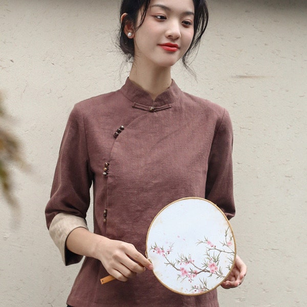 Coffee Color Linen Cotton Cheongsam Blouse Chinese Qipao Top Brown Blouse