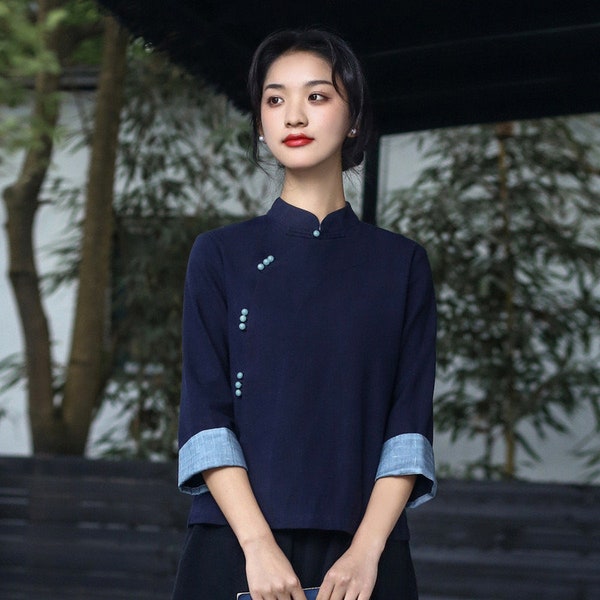 Dark Blue Blouse Chinese Style Cheongsam Blouse Blue Top Ramie and Cotton