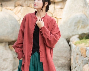 Ramie & Katoen Shirt Losse Blouses Oversized Shirt met lange Mouwen Drie Kleur