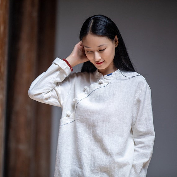 White linen shirt mandarin collar cheap