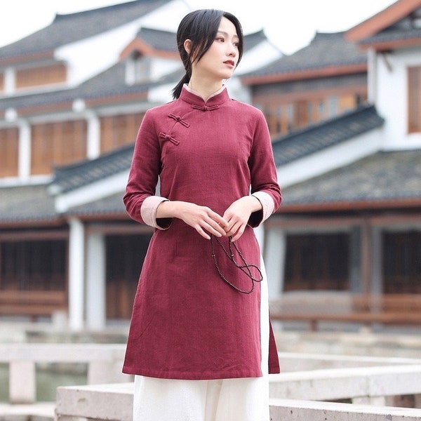 Wine Red Linen Cotton Cheongsam Blouse Chinese Qipao Top Blouse