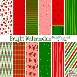 Papel digital de sandía brillante, Álbum de recortes temático de verano, Patrón imprimible de frutas, Invitación de fondo de fiesta en la piscina de picnic de barbacoa verde roja
