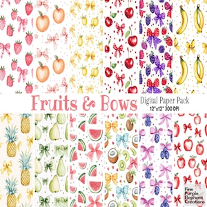 Aquarelle de fruits Coquette de noeuds papier numérique | Agrumes, été fraise, sublimation, fond, pastèque, cerise, citron, pomme, fin, fin