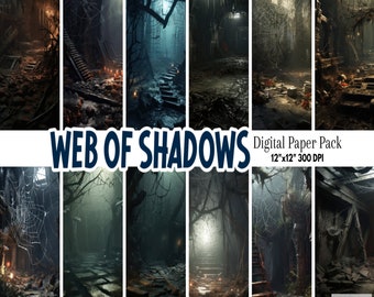 May include: A digital paper pack titled "Web of Shadows" featuring eight vertical panels of eerie, gothic scenes. Each panel depicts a dark, decaying interior with cobwebs, stairs, and dim lighting. The pack is 30.48cm x 30.48cm at 300 DPI.