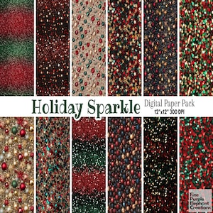 Op de afbeelding: Een digitaal papierpakket met feestelijke ontwerpen, waaronder glitter en vakantie-elementen. De ontwerpen bevatten rode, groene en gouden glitter, sterren en ornamenten. De tekst "Holiday Sparkle" en "Digital Paper Pack 12"x12" 300 DPI" zijn ook zichtbaar.
