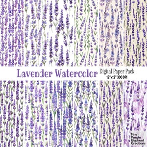 Papel digital de flores de lavanda aquarela | Padrão de scrapbook de sublimação de campos florais roxos pastel | Casamento de flores silvestres francesas da Provença