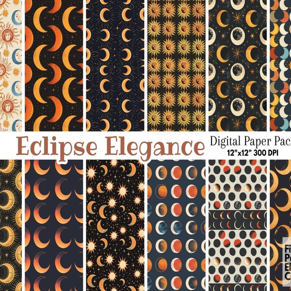 Ancient Total Solar Eclipse Digital Paper | Cosmic Celestial Event Sublimation Scrapbook Astrology Sun Moon Star Night Galaxy Space Universe