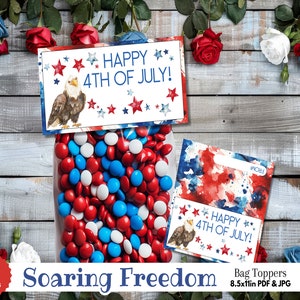 Rood wit blauwe zeearend 4 juli afdrukbare traktatie tas topper kaart - zomer Happy Fourth Independence Day partij gunst Baker snoep cadeau