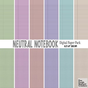 以下が含まれることがあります： さまざまなニュートラルカラーのノート用紙デザインが特徴のデジタルペーパーパック。緑、紫、茶色、青の色合いの罫線入りと方眼紙が含まれています。「NEUTRAL NOTEBOOK Digital Paper Pack 8.5"x11" 300 DPI」というテキストが表示されています。