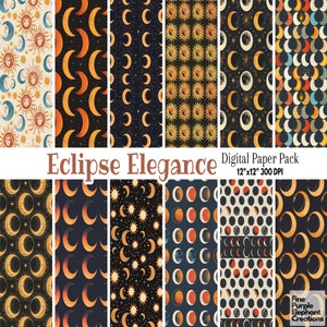 Puede incluir: Un paquete de papel digital con varios patrones celestiales. Los diseños incluyen soles, lunas y estrellas en colores cálidos sobre fondos oscuros. El texto "Eclipse Elegance" y "Digital Paper Pack 12"x12" 300 DPI" son visibles.