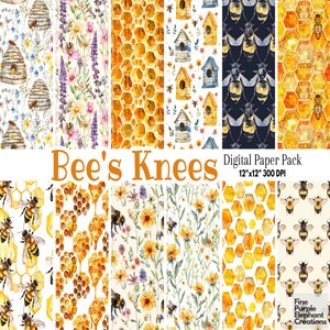 Aquarell Bienen Digitales Papier | Bienenstock-Bienenwabe natürliches Sublimations-Sammelalbum-Muster | Blumen Blumen Bauernhaus Garten Honig Junk Journal