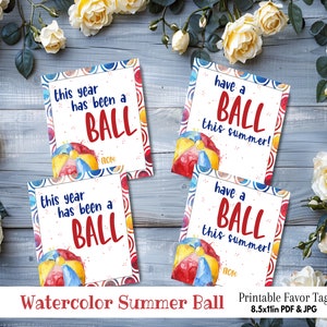Étiquette de cadeau imprimable aquarelle ballon de plage - cadeau personnalisé pour les vacances d'été de fin d'année scolaire - fête d'enfants appréciation des enseignants