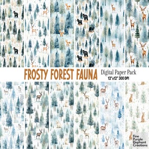 Carta digitale per animali della foresta invernale ad acquerello / sublimazione natalizia / sfondo HD / album di neve stampabile / alberi orsi lupi cougar