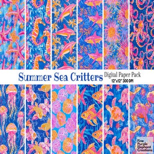Papier numérique à motif de créatures de mer lumineuses d'été | Fond d'album de sublimation d'animaux aquatiques | Océan Aquarium Vie marine Poissons Dauphins