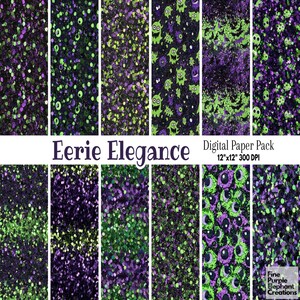 May include: A digital paper pack with 12 spooky Halloween themed patterns. The patterns feature green and purple glitter, ghosts, eyes, and bats. The paper pack is 12x12 inches and 300 DPI.