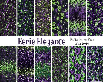 May include: A digital paper pack with 12 spooky Halloween themed patterns. The patterns feature green and purple glitter, ghosts, eyes, and bats. The paper pack is 12x12 inches and 300 DPI.