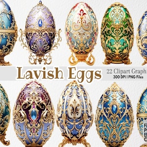 May include: 22 clipart graphics of ornate, jeweled Easter eggs in various colors, including blue, green, purple, and gold. The eggs are decorated with intricate floral patterns and have a 3D effect.  300 DPI PNG files. Lavish Eggs.