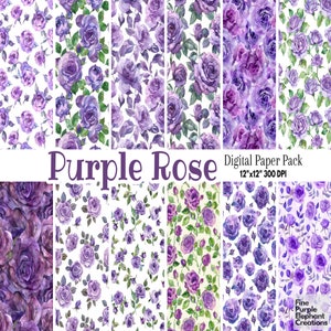 Carta digitale con fiori di rosa viola ad acquerello / Elegante motivo per album di ritagli con sublimazione reale / Diario spazzatura con romanticismo da giardino pastello lilla viola