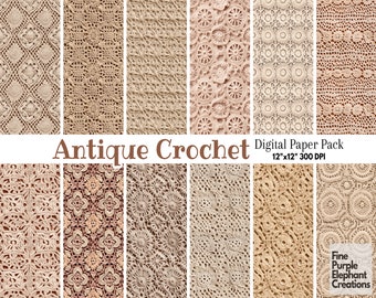 Antique Crochet Digital Paper | Neutral Granny Squares Afghan Stitched Fabric Texture Sublimation | Beige Tan Scrapbook Wool Blanket Textile