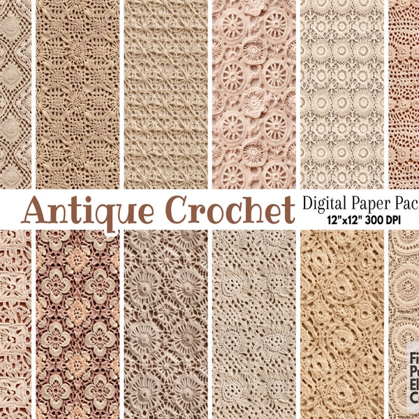 Antikes gehäkeltes digitales Papier | Neutral Oma Quadrate Afghan genähte Stoff Textur Sublimation | Beige Tan Scrapbook Wolle Decke Textil