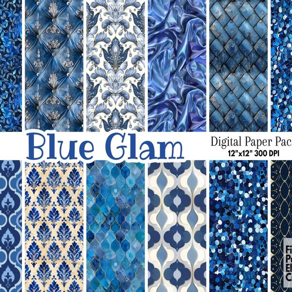 Blue Glam Digital Paper | Luxury Glitter Scrapbook Pattern Royal Tufted Texture Diamond Flower Sublimation | Feminine Glamour Fleur de Lis