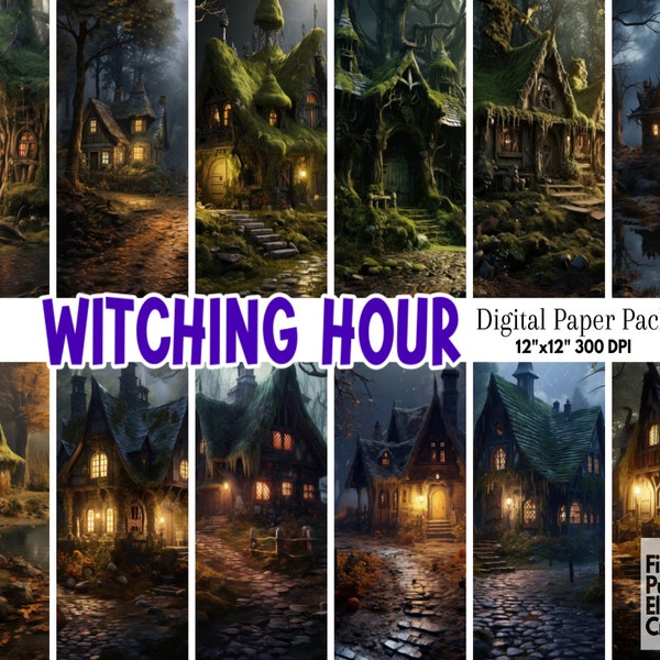 Witch Cottage Digital Paper | Halloween Sublimation | HD Scary Wallpaper Backdrop | Haunted House Decor | Printable Scrapbook Forest Scenes