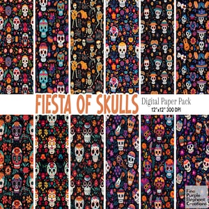 Papel digital del Día de Muertos / Patrón de álbum de recortes del Día de los Muertos / Sublimación de calaveras de azúcar / Cultura mexicana / Esqueletos florales vudú